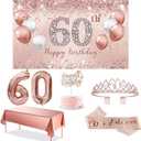 Trgowaul 60th Birthday Decorations Party Set for Women, Rose Gold 60 Birthday Banner and Tablecloth, 60 & Fabulous Sash and Tiara, 1PC Happy 60th Birthday Cake Topper, Pink Gold 60 Number Balloons
