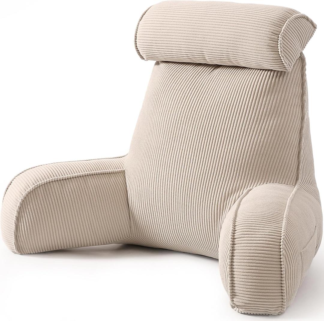 Reading Pillow for Sitting Up in Bed, Corduroy Backrest Pillow with Arms, Side Pocket & Washable Cover, Bed Rest Pillow Back Support for Adults, Beige Gray, Large