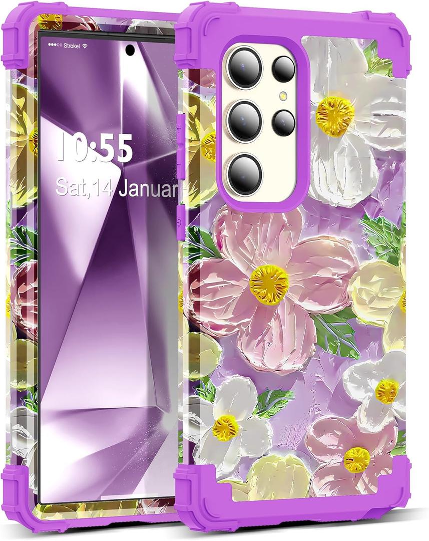for Galaxy S24 Ultra Case,3 in 1 Oil Painting Flower Pattern Heavy Duty Shockproof Protection Soft Silicone Rubber Bumper+Hard Plastic Protective Cover for S24 Ultra 6.8",Purple/Pink