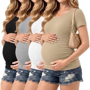 Riyiper 4 Pack Women's Ribbed Maternity T Shirts 92% Cotton Short Sleeve Pregnant Top Crew Neck Side Ruched Maternity Clothes