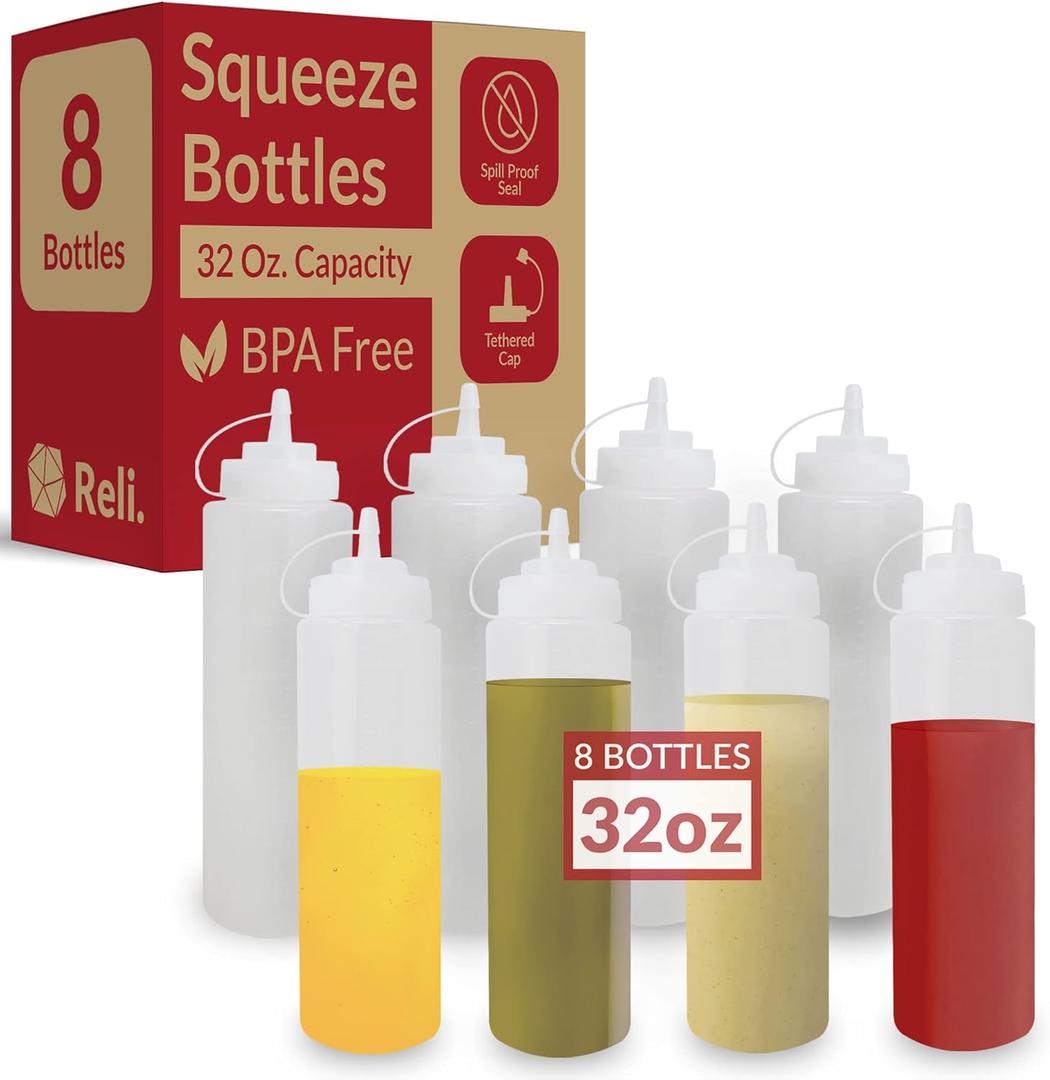 Reli. Plastic Squeeze Bottles 32 oz. | 8 Pack | Clear w/ Tethered Caps