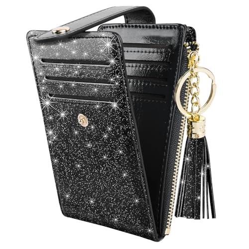 Womens Slim RFID Blocking Glitter Leather Wallet Cute Small Multi Card Organizer Bifold Wallet with Tassel Zipper Pocket,Black