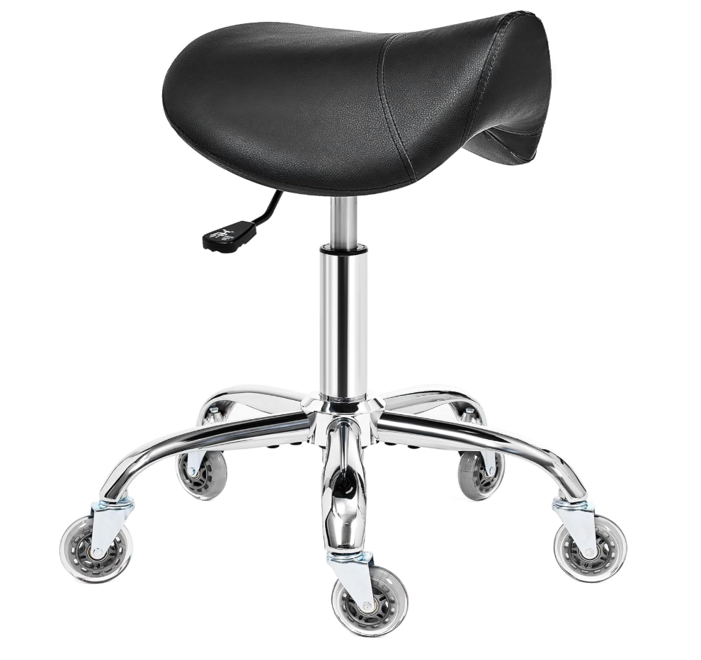 BEWISHOME Rolling Saddle Stool with Wheels, Ergonomic Contoured Seat, Thick Cushioned PU Leather Swivel Chair with Adjustable Height, AllDay Comfort for Clinic, Salon, Tattoo Studio and Home Office