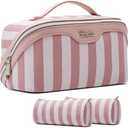 BOYATU Travel Makeup Bag for Women: Large Cosmetic Bag Set of 3 - PU Leather Make up Bag with Compartments - Compact Waterproof Toiletry Bag with Divider & Handle (B-1-Pink)
