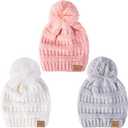 REDESS Baby Kids Winter Warm Hats, Infant Toddler Children Pom Pom Beanie Knit Cap Girls Boys (0-3T, Pink+light Gray+white)