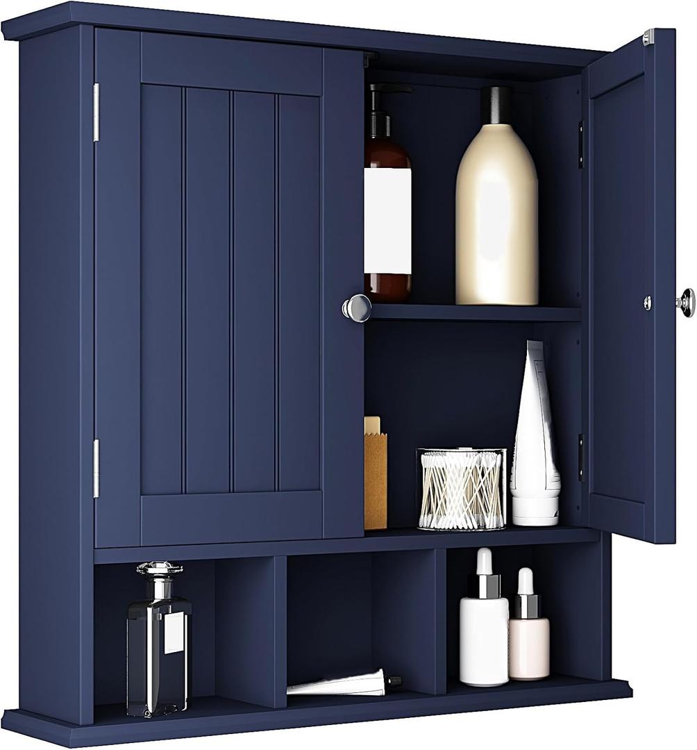 ChooChoo Bathroom Cabinet Wall Mounted 2-Door with 3 Open Shelves Wooden Medicine Cabinets with Adjustable ShelfSpace Saver Storage Cabinets Over The Toilet for Bathroom&Living Room,Blue (1 pack)