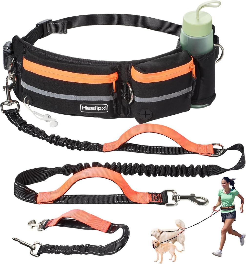 Hands-Free Waist Leash with Pouch for Two Dogs: Reflective Stitching, Dual Handle & Bungee Retractable Design  Ideal for Medium to Large Dogs (Orange)  Dog Walking Accessories