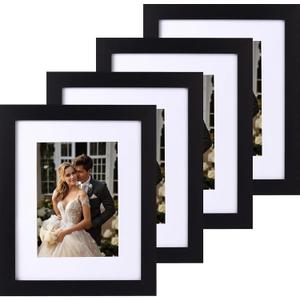 8x10 Picture Frame set of 4, Black Wooden Wide Molding 8 by 10 Photo Frames for Wall or Tabletop, Display 5x7 with Mat or 8x10 Without Mat.