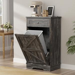 Tilt Out Trash Cabinet, Farmhouse Trash Can Cabinet w/Negative ion, Dog Proof 10 Gallon Garbage Can Cabinet for Kitchen, Bathroom, Living Room, Dark Rustic Oak