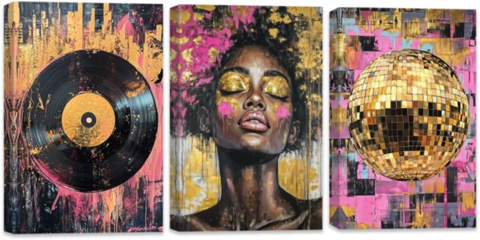 QIXIANG African American Canvas Wall Art Set of 3 Black Woman Pictures Disco Ball Vinyl Record Poster Gold Pink Painting Home Decor (Pink, 16x24inch x 3Pcs)