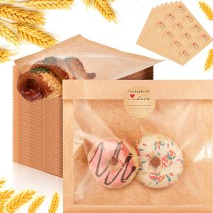 Outus 400 Pcs Heat Sealable Cookie Bags with Window Grease Resistant Kraft Bakery Pastry Bags with Paper Stickers for Packaging Donut Bread Cookie Goods Sandwich Baked Treat (7.1 x 7.5 Inch)