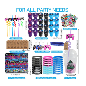 LiYiQ 292 Pcs Video Game Party Favors With Reusable Drinking Straws Cups Slap Bracelets Keychains Gift Tags Stamps Stickers and Twist Ties for Gamer Birthday Party Supplies (Blue and Black Game)