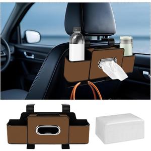 Car Back Seat Organizer with Tissue, Car Seat Back Tissue Box and Storage Hook, Multifunctional Car Organizer for Hold Phone,Drinks,Handbag,Compatible with Most Vehicles (Brown)