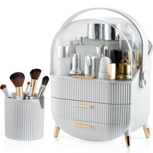 CANITORON Makeup Organizer,Skincare Organizer with 2 Drawers and Brush Storage Box,Cosmetic Display Case for Vanity Organizer and Bathroom Countertop Storage.(White) (Large + Brush Holder)