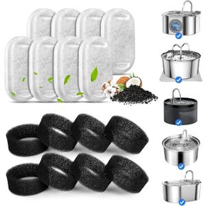 Cat Water Fountain Filters for 108/3.2L& 67oz/2L Stainless Steel Cat Fountain-Pet Water Dispenser, Replacement Filters for Pet Drinking Fountain(8 Filters&8 Sponges)
