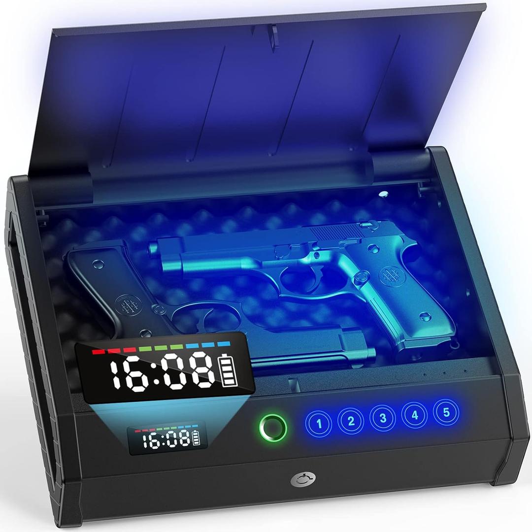 Gun Safe, Biometric Gun Safes for Pistols with LCD Display of Temperature Humidity, Fingerprint Quick Access Pistol Safe Solid Handgun Safe