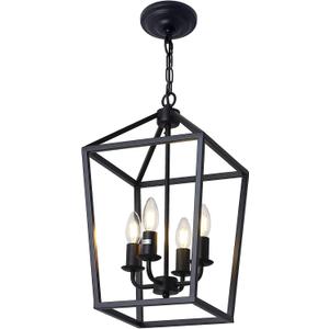 4-Light Black Farmhouse Chandelier Iron Lantern Pendant Light Rustic Cage Hanging Light Fixtures Industrial Foyer Lights for Kitchen Island Dining Room Hallway Foyer Entryway (Black-11.8")
