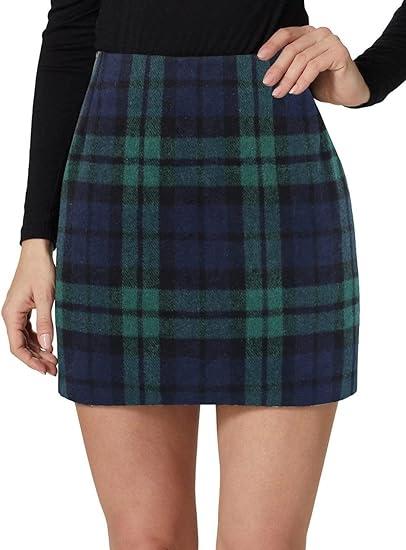 Kinghua Womens Wool Plaid Mini Skirt Fall Winter High Waisted Bodycon Pencil Skirt XS