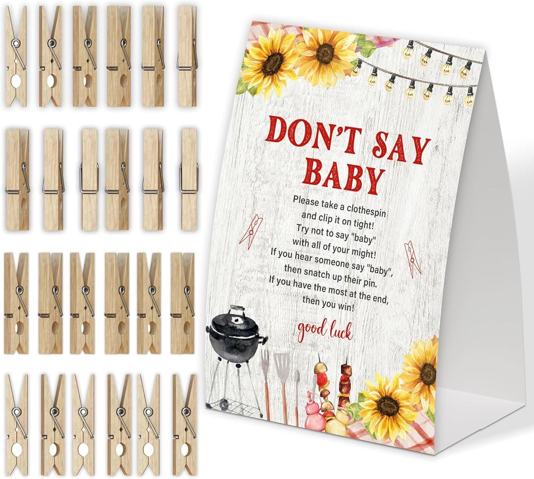 2 x BBQ Don't Say Baby Game for Baby Shower, Pack of One 5x7 Sign and 50 Mini Natural Clothespins, Backyard Baby Shower Decoration, Gender Neutral Party Supplies - SC20