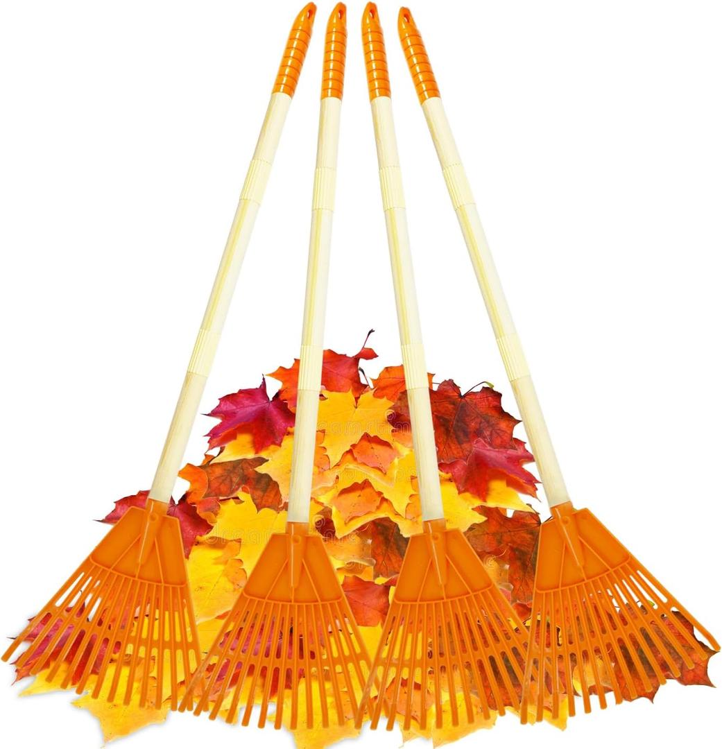 Kids Rakes, 4 Pieces 31" Heavy Duty Lawn Tool for Leaves, Child Size, Plastic Head & Wooden Handle, Gardening Tools for Boys Girls Gifts Age 3 Year Old and Up (Orange ( 4 pcs ))