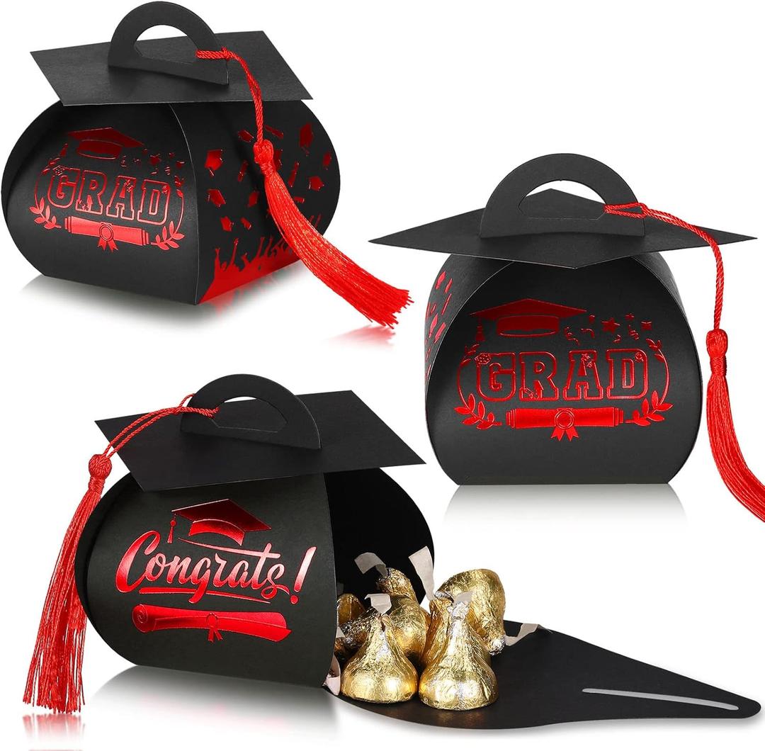TaoBary 30 Pcs Graduation Cap Gift Boxes Graduation Decorations Class of 2025 Candy Box with Tassel for 2025 Grad Party Favors Supplies(Red)