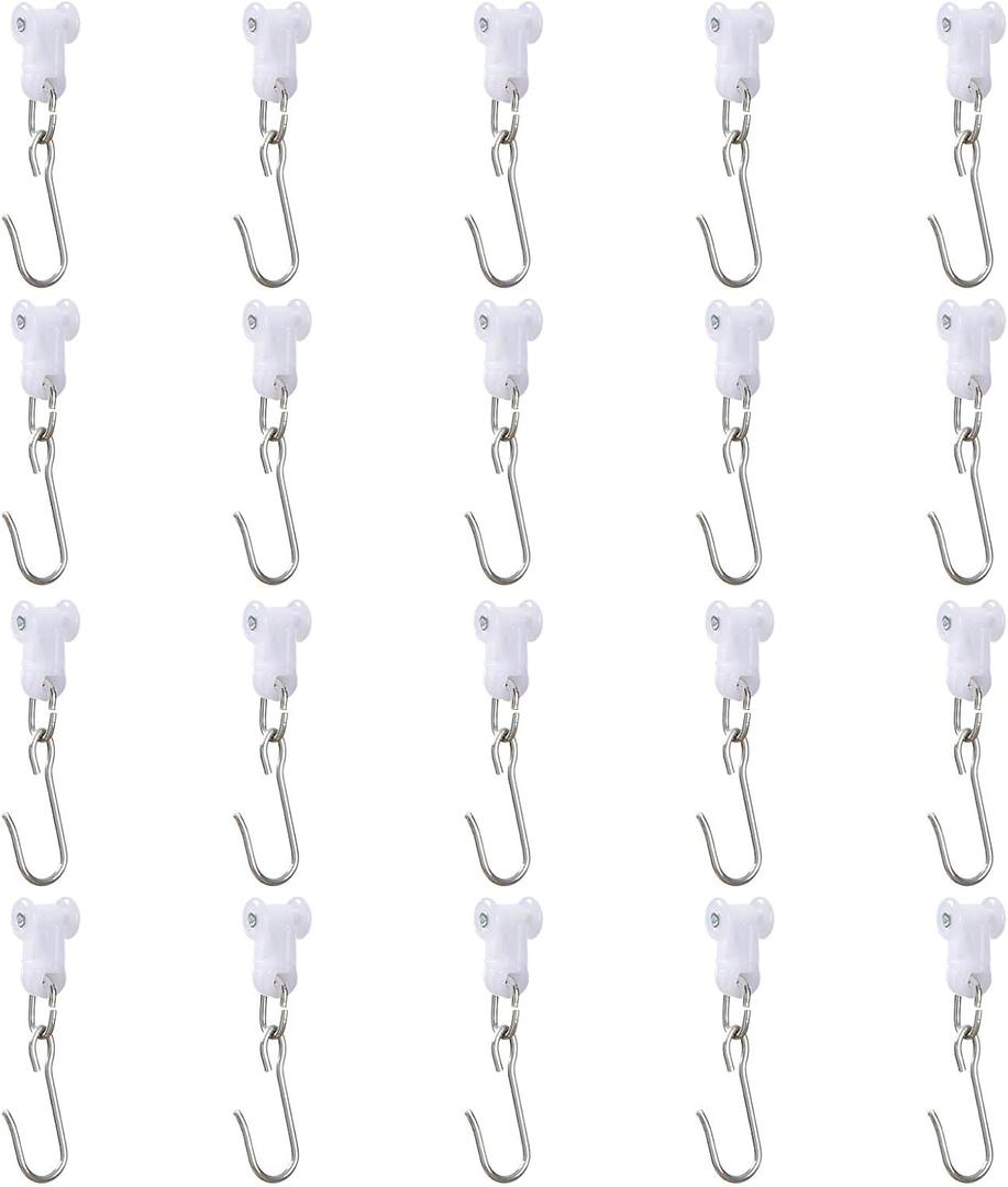 Stainless Steel Curtain Hooks with Dual Wheel - Curtain Track Hooks for Ceiling and Room Divider, 20 Pack