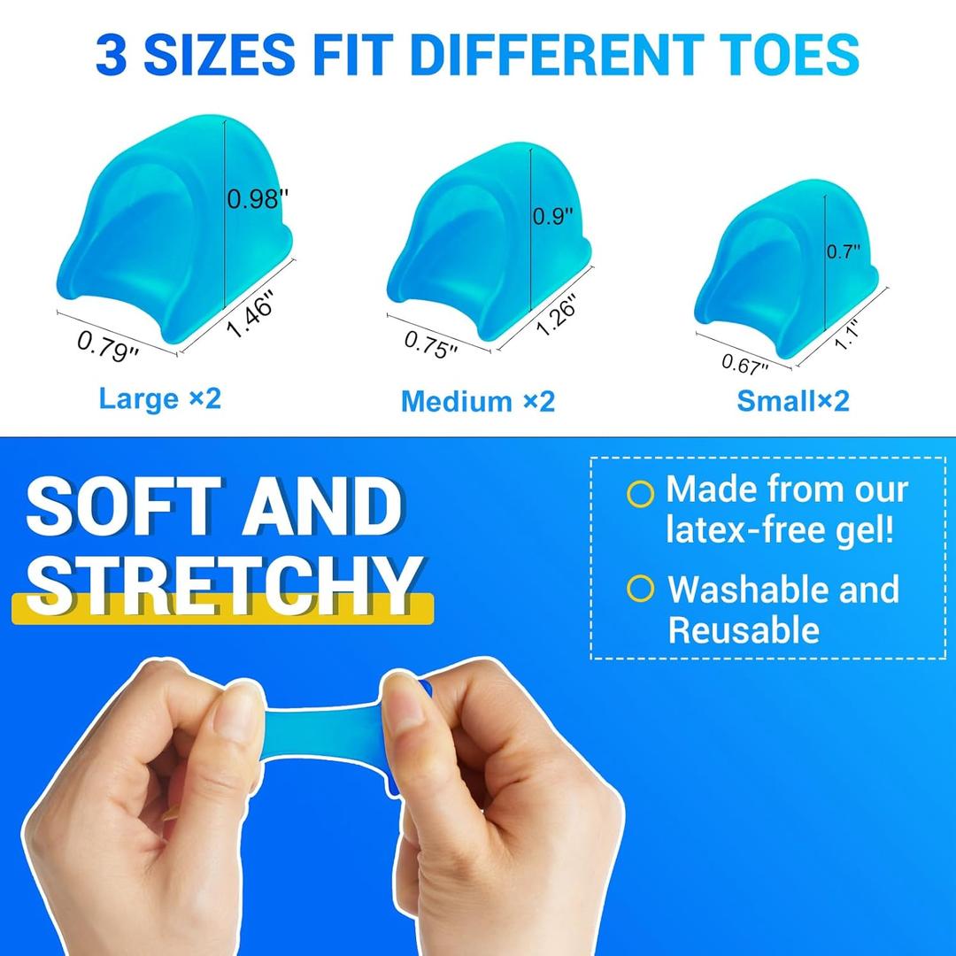 Hammer Toe Straightener - (6Pcs, Blue) - Gel Toe Splint Relief for Bunion, Claw, Crooked, Hammer, Broke Support - 3 Different Sizes (S/M/L)