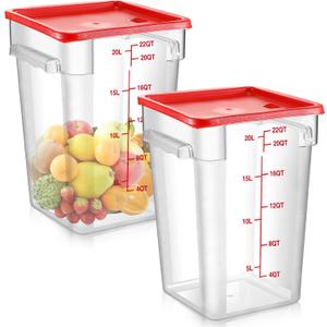 Suclain 2 Pcs Square Food Storage Container Polycarbonate Clear Food Container with Red Lid Commercial Rice Storage with Red Graduations for Commercial Kitchen (Quarts, 22)