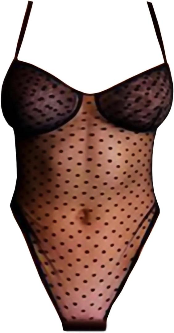 Sheer Sexy Lingerie For Women, Mesh Polka Dots Babydoll V Neck Teddy Nightgowns, Black, Onesize 2-8 (Medium)