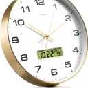 Wall Clock, 14" Large Dial Non-Ticking Silent Battery Operated Analog with LCD Display for Perpetual Calendar and F° Temperature, Ideal Modern Home, Bedroom, Office Decor (Gold)