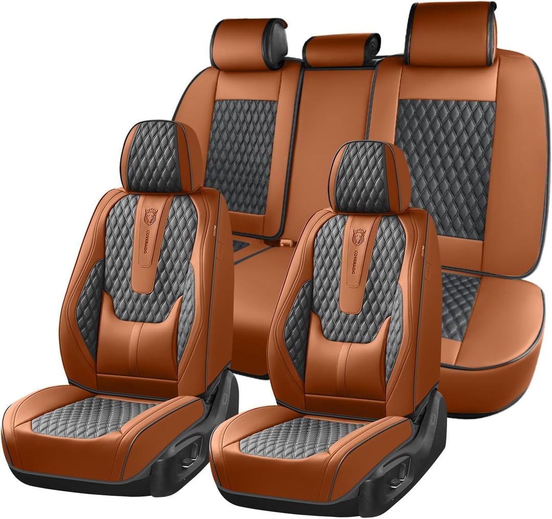 Coverado Car Seat Covers Full Set, Nappa Leather Seat Covers for Car, Waterproof Car Seat Protector with Lumbar Support, Automotive Seat Covers Universal Fit for Most Cars SUV Trucks (Brown-Black)