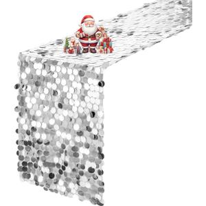 VHH Sequin Table Runner 12 x 108 inches Silver Table Runner, Glitter Runner for Party Wedding Birthday, Party Spring Easter Rustic, Birthday Supplies Decorations (1 Pack).
