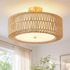 17.7" Rattan Flush Mount Ceiling Light,3-Light Hand-Woven Boho Ceiling Lights with Soft Fabric Diffuser,Farmhouse Drum Lighting Fixtures for Bedroom Hallway Kitchen,Bulbs Not Included(Brown)