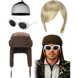 3 Pcs Halloween Vintage Grunge Rock Accessories Include Blonde Wig, White Oval Clout Sunglass and Ear Flap Trapper Hat - 90s Rock Music Star Costume Outfit