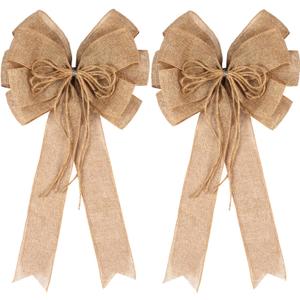 2 Pack Large Burlap Jute Hemp Rope Bows for Wreaths, Rustic Farmhouse Crafts Bow Wrapping Tree Topper Wedding Holiday Birthday Party Wall Home Boho Front Door Decorations (Beige)