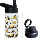 Construction Truck Excavator Bulldozer Kids Water Bottle for School with Straw Lid,12oz Stainless Steel Insulated Water Bottle for Boys & Girls, Leak Proof Lid with Handle & Touch Free Spout (A01)