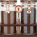 SIQOLNY Glass Coffee Container with Wooden Shelf, 2 x 40 FLOZ Coffee Bean Storage with Sealed Closure Clips and Copper Spoon, Kitchen Large Capacity Food Storage Jar, Ground Coffee Container