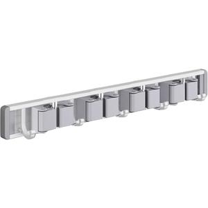 Waterproof Mop Holder Wall-mounted Broom Organizer with 5 Hooks Punch-free Anti-skid Roller Design Strong Load Bearing Bathroom Kitchen Cleaning Silver M