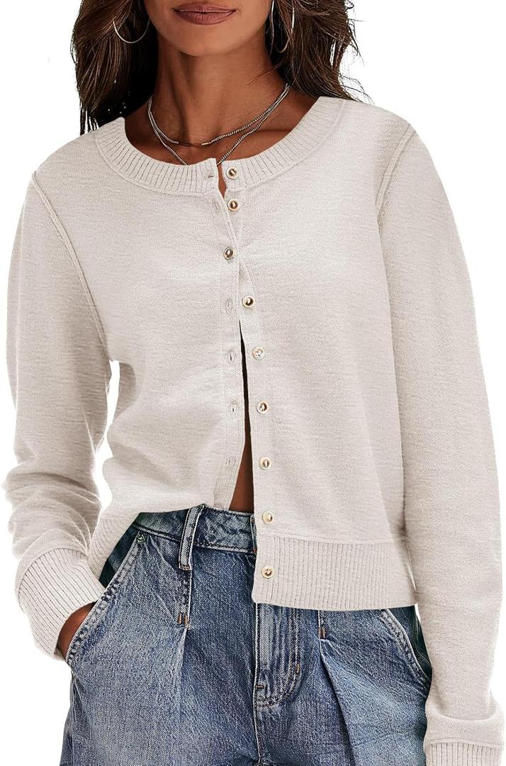 Saodimallsu Womens Button Down Cardigan Sweaters Lightweight Long Sleeve Crew Neck Summer Knit Open Front Tops (Small, Beige)