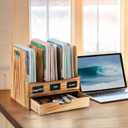 Wood File Organizer for Desk, 3-Section Vertical Folder Holder with Drawer, Upright Binder Rack Stand with Chalkboard Label, Tabletop Magazine Document Sorter for Office Home