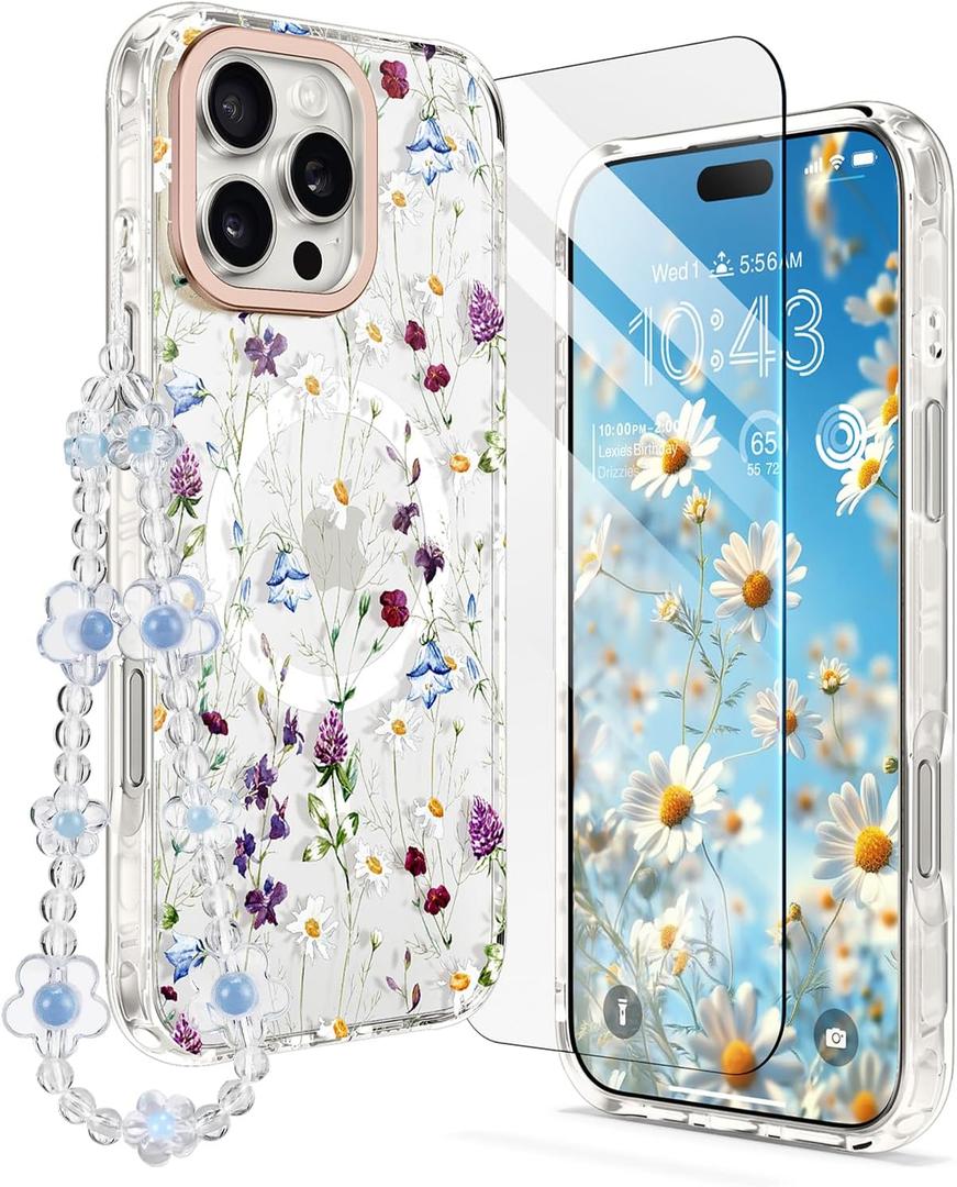 MILPROX Compatible with iPhone 16 Pro Case - with Screen Protector/Strap - Compatible with MagSafe - Cute Flower Floral Pattern with Girls/Women - Magnetic Slim Protective Phone Cover - Garden