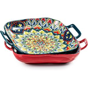 Besmeety Square Pasta Bowls with Handle, Boho Salad Serving Bowls Set of 2, Ceramic 7.09" Pasta Plates for Housewarming Present, Party (Green+Red)