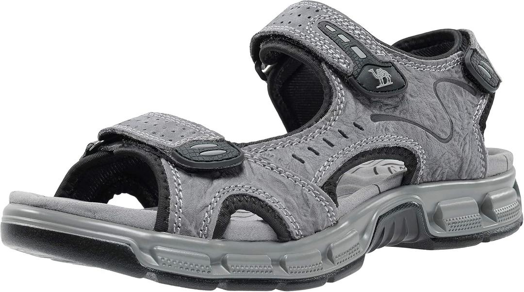 CAMEL CROWN Men's Leather Sandals Hiking Outdoor Water Beach Sports Mens Sandals for Summer with Open Toe Adjustable Straps (11, Gray-7837)