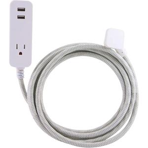 Cordinate Designer 1-Outlet 2-USB Charging Extension Cord with Surge Protection, Gray Braided Dcor Fabric Cord, 10 ft, 2.4A USB Charging Ports, with Tamper Resistant Safety Outlets, 37917 (White)
