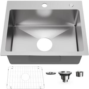 20" x 16" Drop in Kitchen Sink 304 Stainless Steel Single Bowl Topmount Kitchen Sink with Drain Kit and Bottom Grid, Brushed