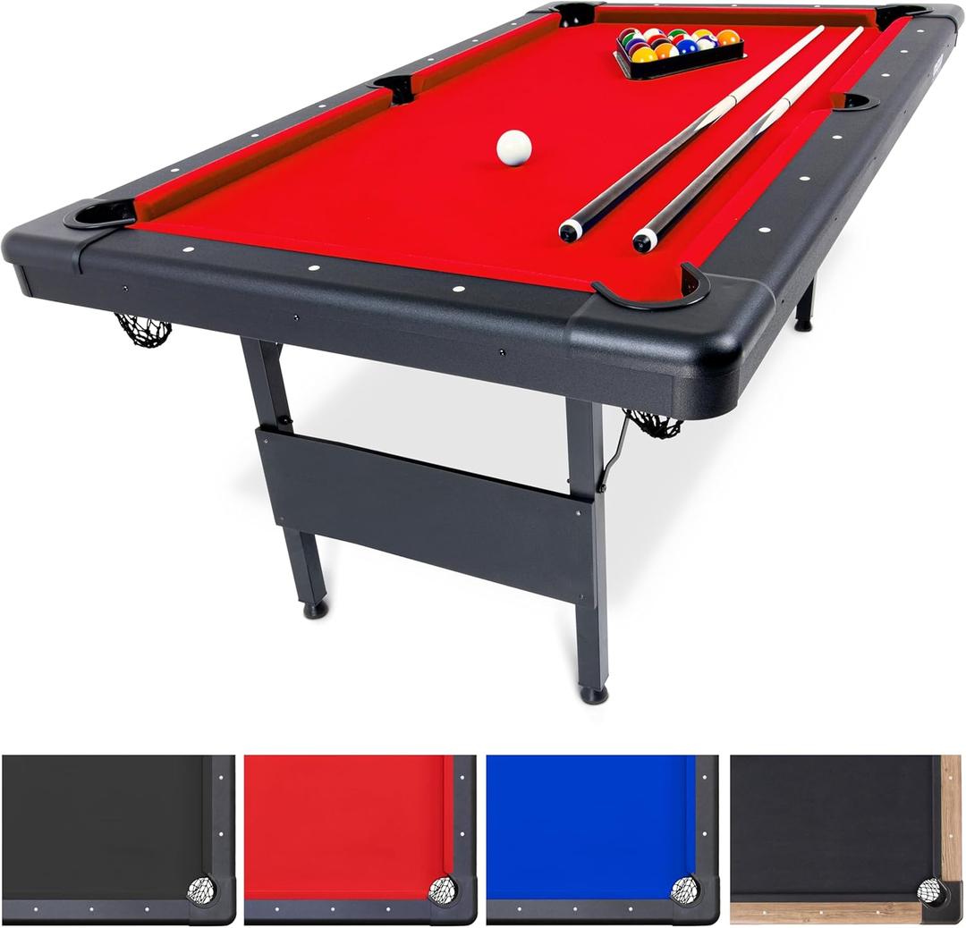 GoSports 6, 7, or 8 ft Billiards Tables - No Assembly, Choose Your Color - Portable Pool Table Includes Full Set of Balls, 2 Cue Sticks, Chalk and Felt Brush