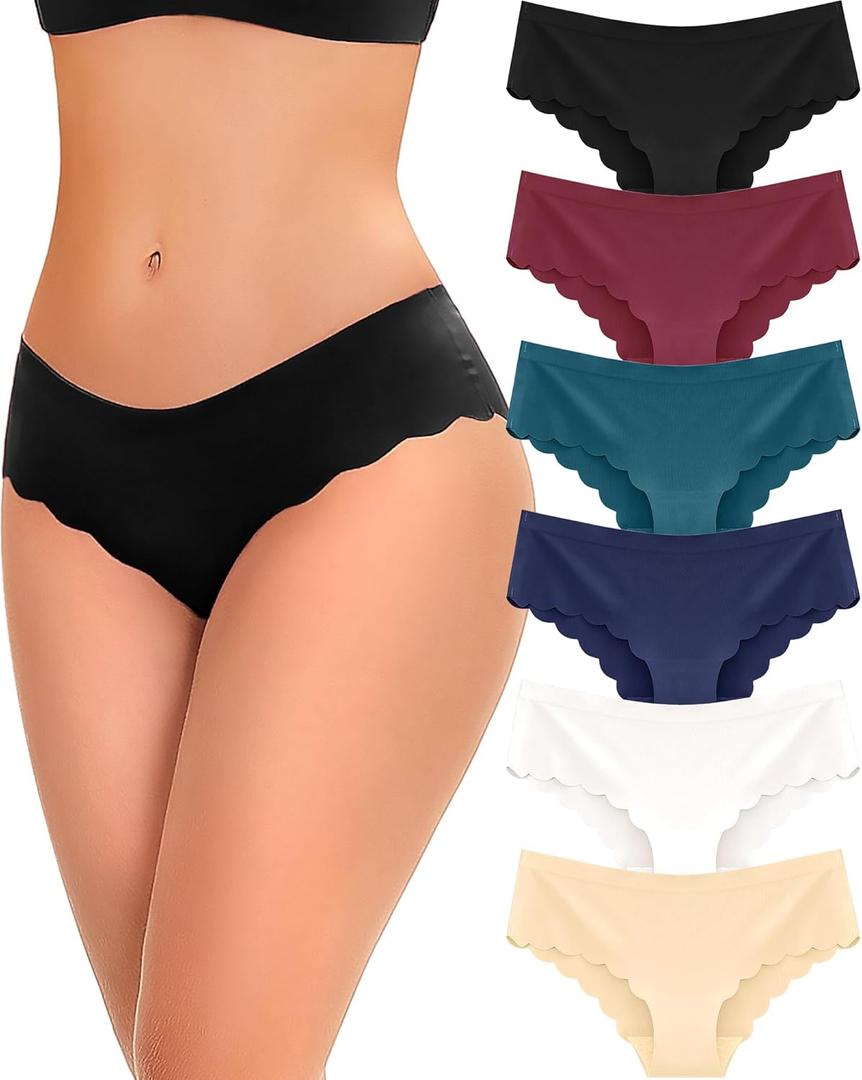 5 pack Seamless Underwear for Women Sexy Low Rise Hipster Wave Edge No Show Bikini Panties Women's Cheeky (Large, Black+red+blue+white+beige)