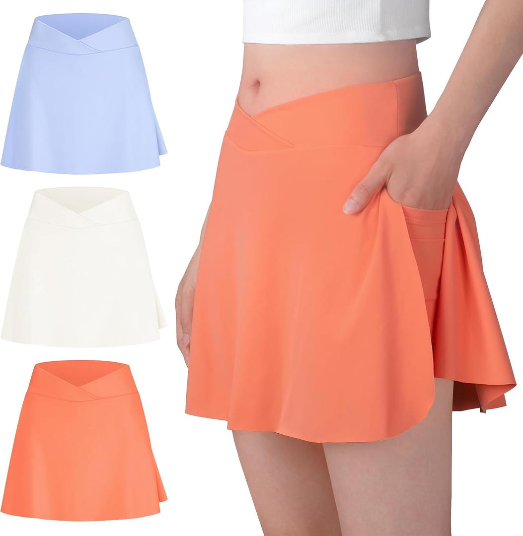 BIG ELEPHANT Girls Skorts, 2-in-1 Flowy Shorts with Pockets | Built-in Liner, Elastic Waist, Soft Active Skirt Shorts for Sports, Dance, School, and Everyday Wear