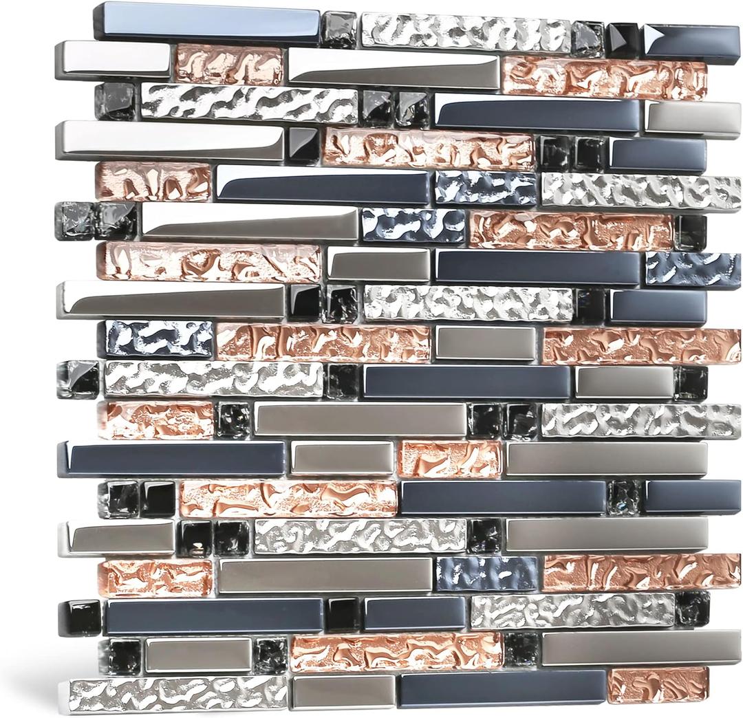 Blujellyfish Mosaic Tiles Crystal Glass Tile Rose Gold Interlocking Chrome Silver Black Ink Blue Mosaic Bath Kitchen Fireplace Decor TSTGT107 (5 Square Feet) (5 Sheets (12x12 Inches))