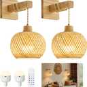 Bamboo Battery Operated Wall Sconces Set of 2, Rechargeable Rattan Cordless Battery Powered Wall Lights/Lamps with Remote, Woven Boho Wireless Decor Lighting Fixture for Living Room Bedroom (Wood)